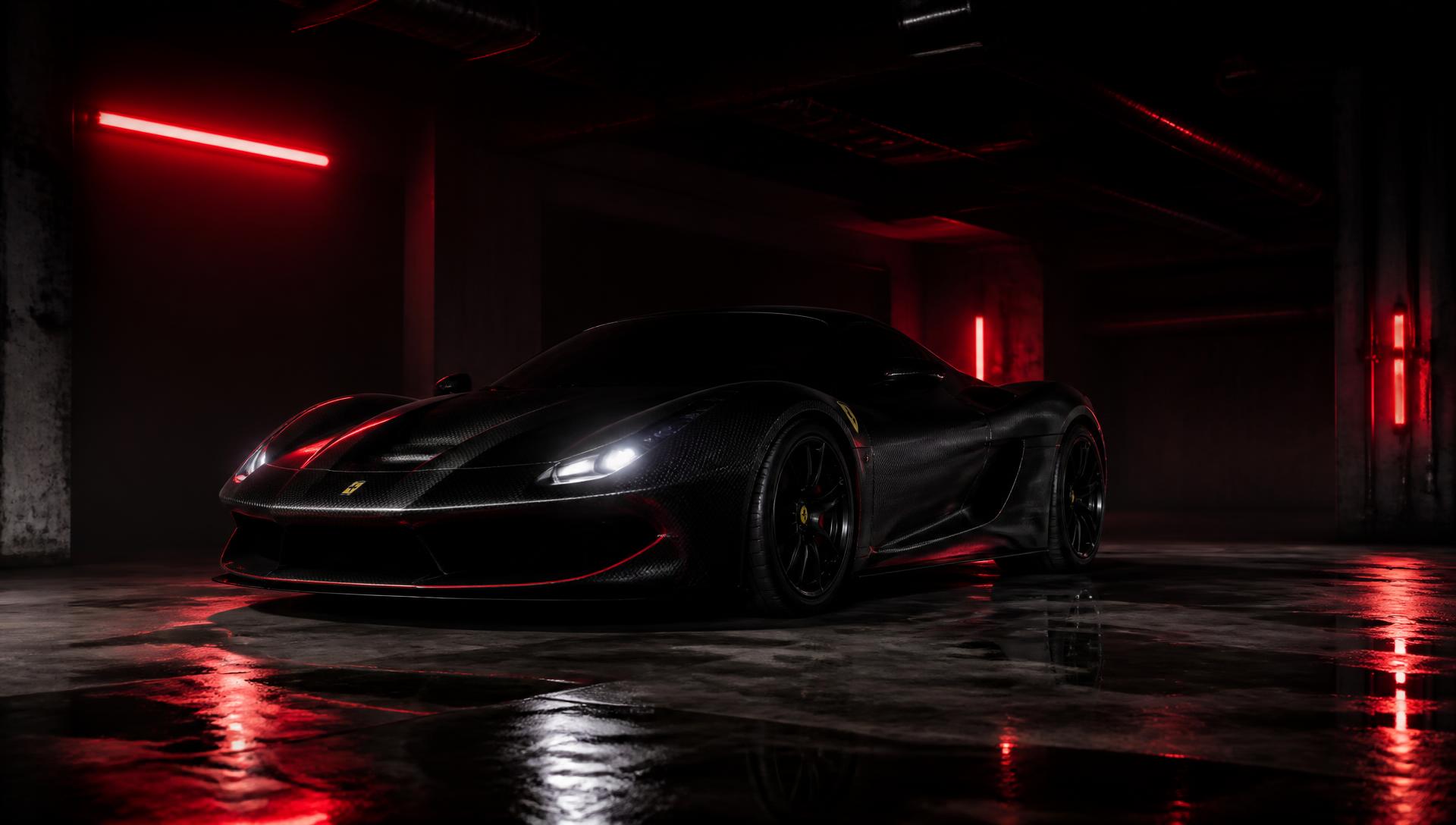 Supercar nera in un garage con luci al neon rosse